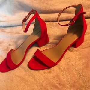 Red low block heels